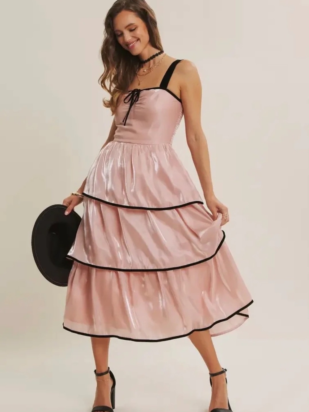 Pink Tiered Satin Midi Dress with Black Trim